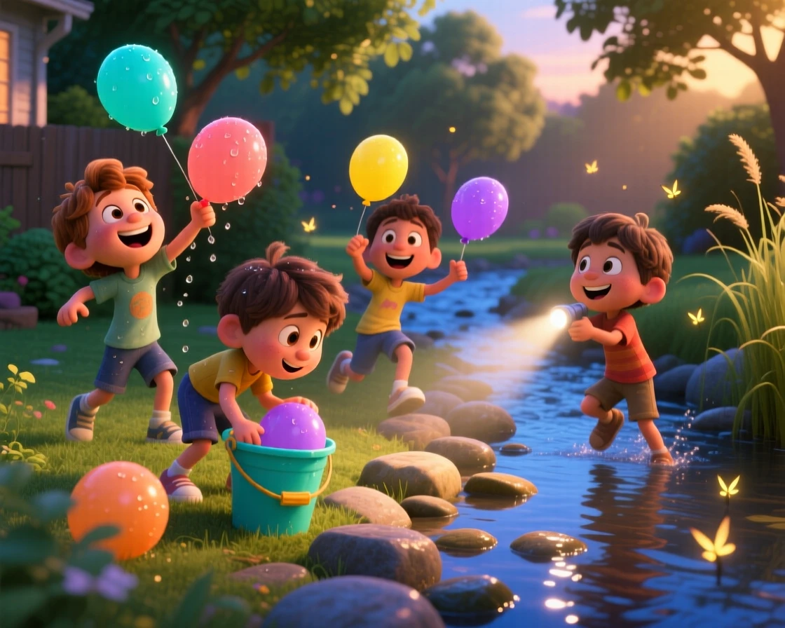 Kids having a water balloon fight in the backyard takes place beside a babbling creek lined with smooth stones, with a flashlight casting playful shadows. A carefree, adventurous energy fills the scene.