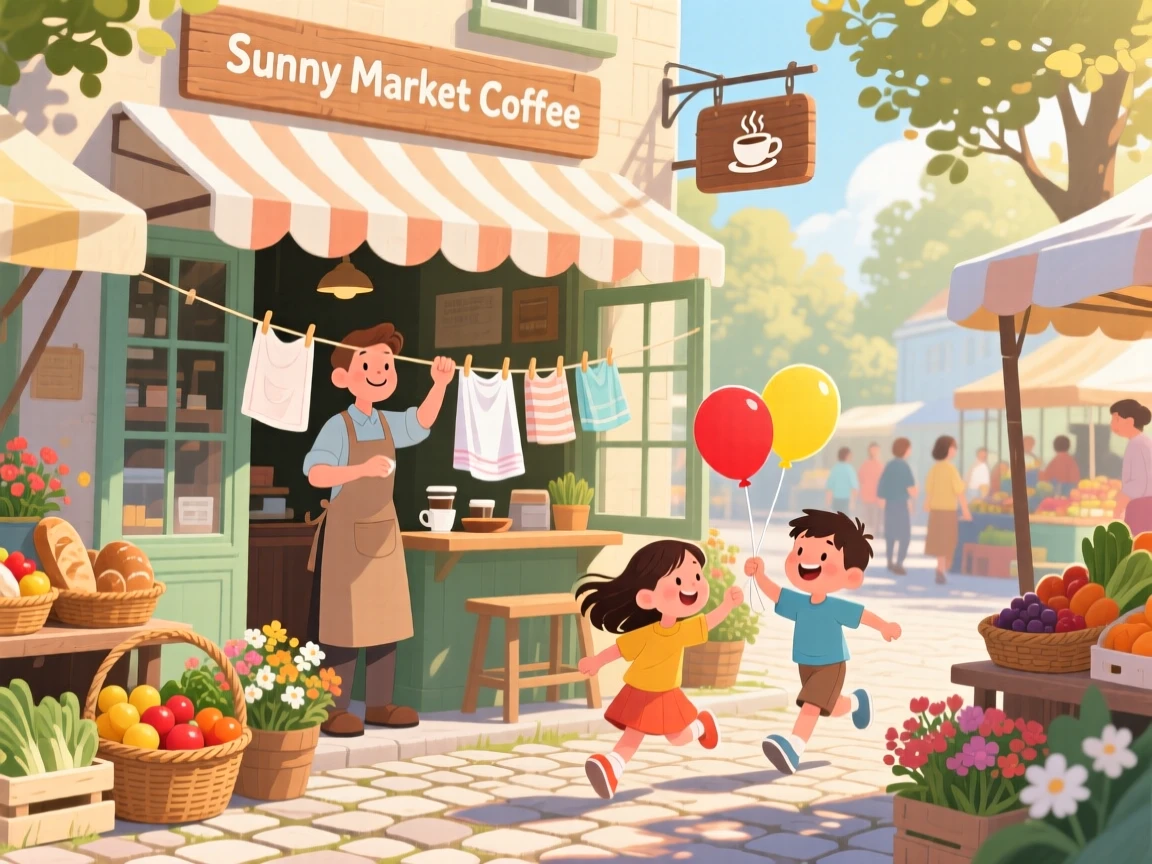 A barista steaming milk pauses while hanging laundry on a line between two windows in a sunny farmers market, while children skip past with balloons.