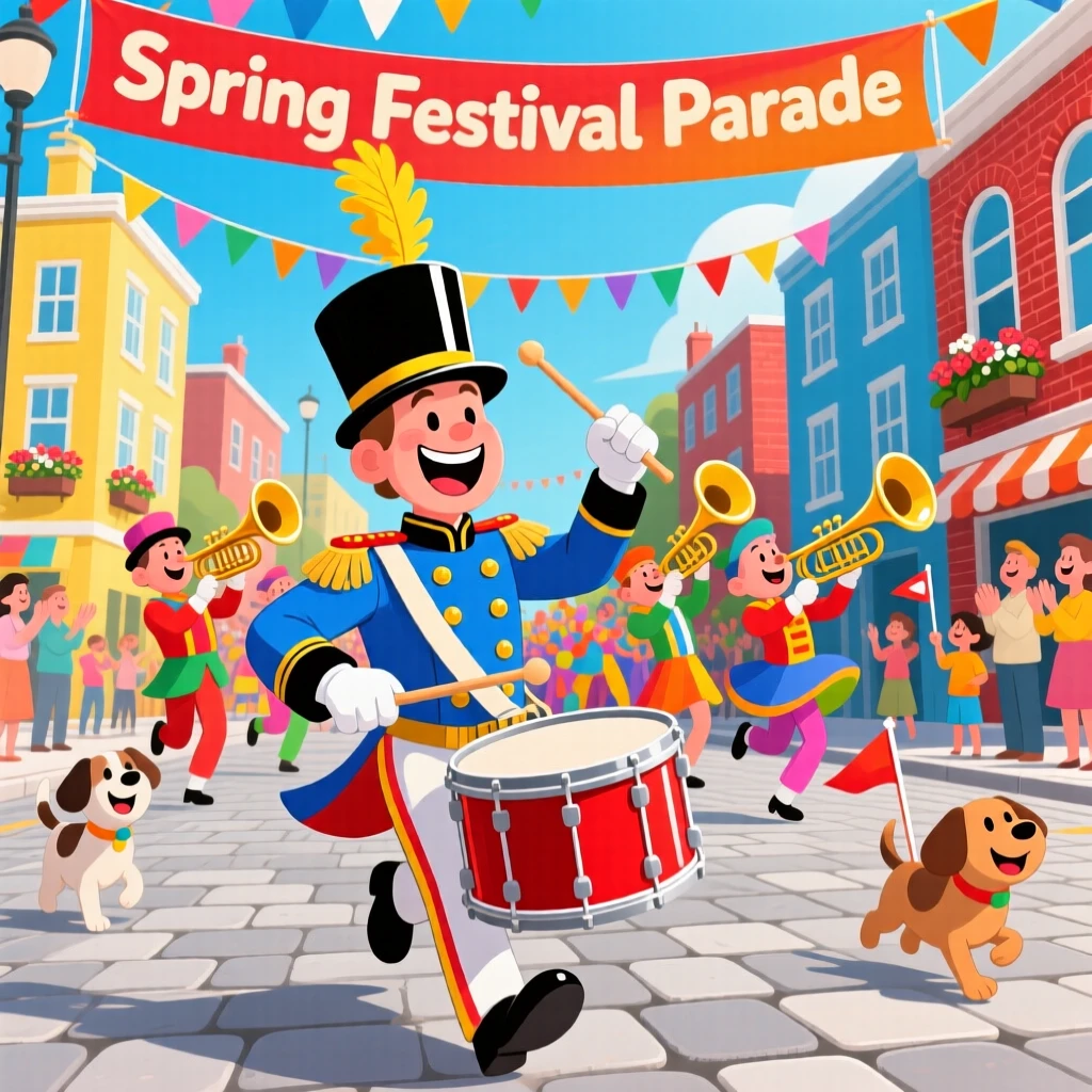 A drummer leading a joyful parade through a city square.