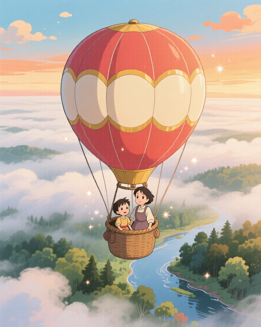 A stunning view of a hot air balloon drifting above a layer of morning fog, seen from high above, sweeping and vast.