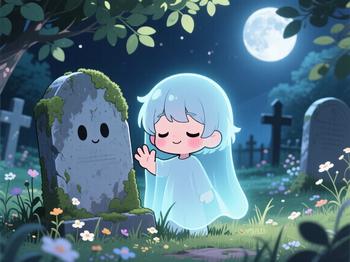 In a whimsical moonlit graveyard garden, a shy ghost child is waving hello from behind a tombstone during a light summer breeze, bathed in dappled sunlight through a canopy, expression full of sleepy relaxation. Shot as a waist-up portrait.