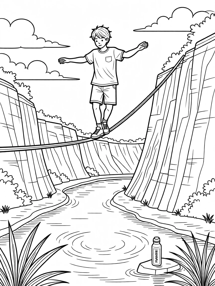 A slackliner balancing high above a canyon, with reflections shimmering on the water's surface.
