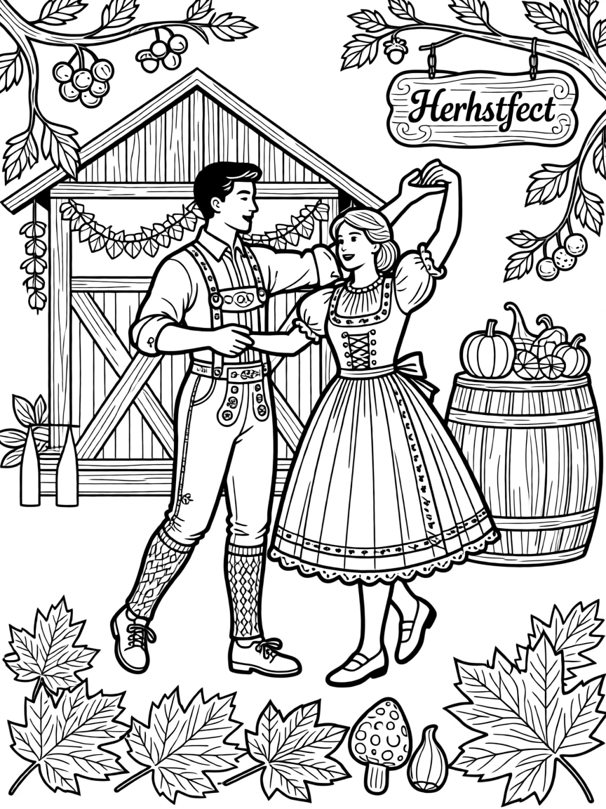 A folk dancer in lederhosen and dirndl at an autumn festival.