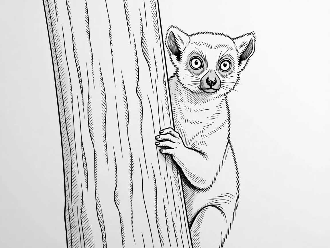 A round-eyed lemur peeking from behind a tree trunk