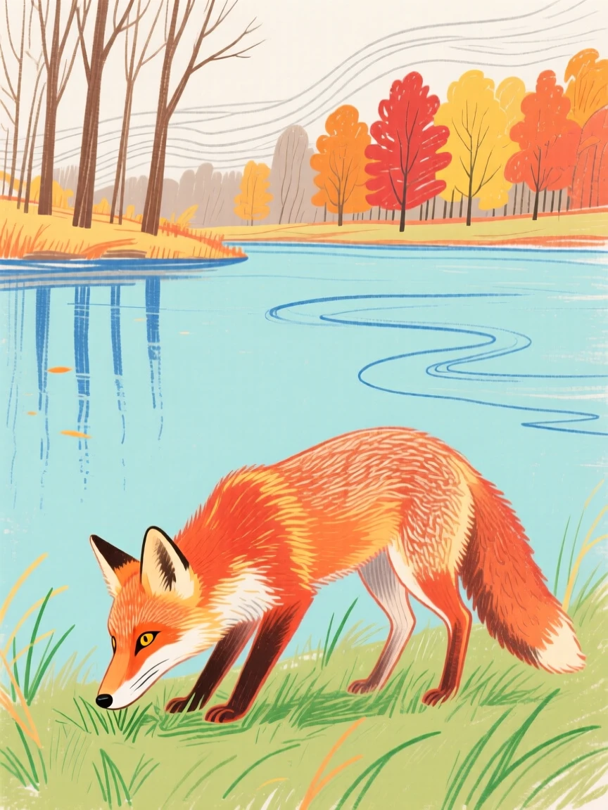 A curious fox grazing beside a still lake on a crisp autumn day.