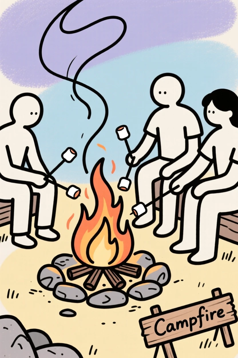 A campfire with friends roasting marshmallows