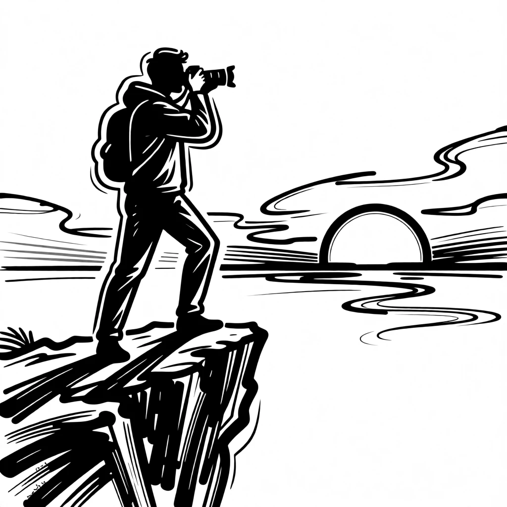 A photographer capturing a dramatic sunset from a cliffside vantage point.