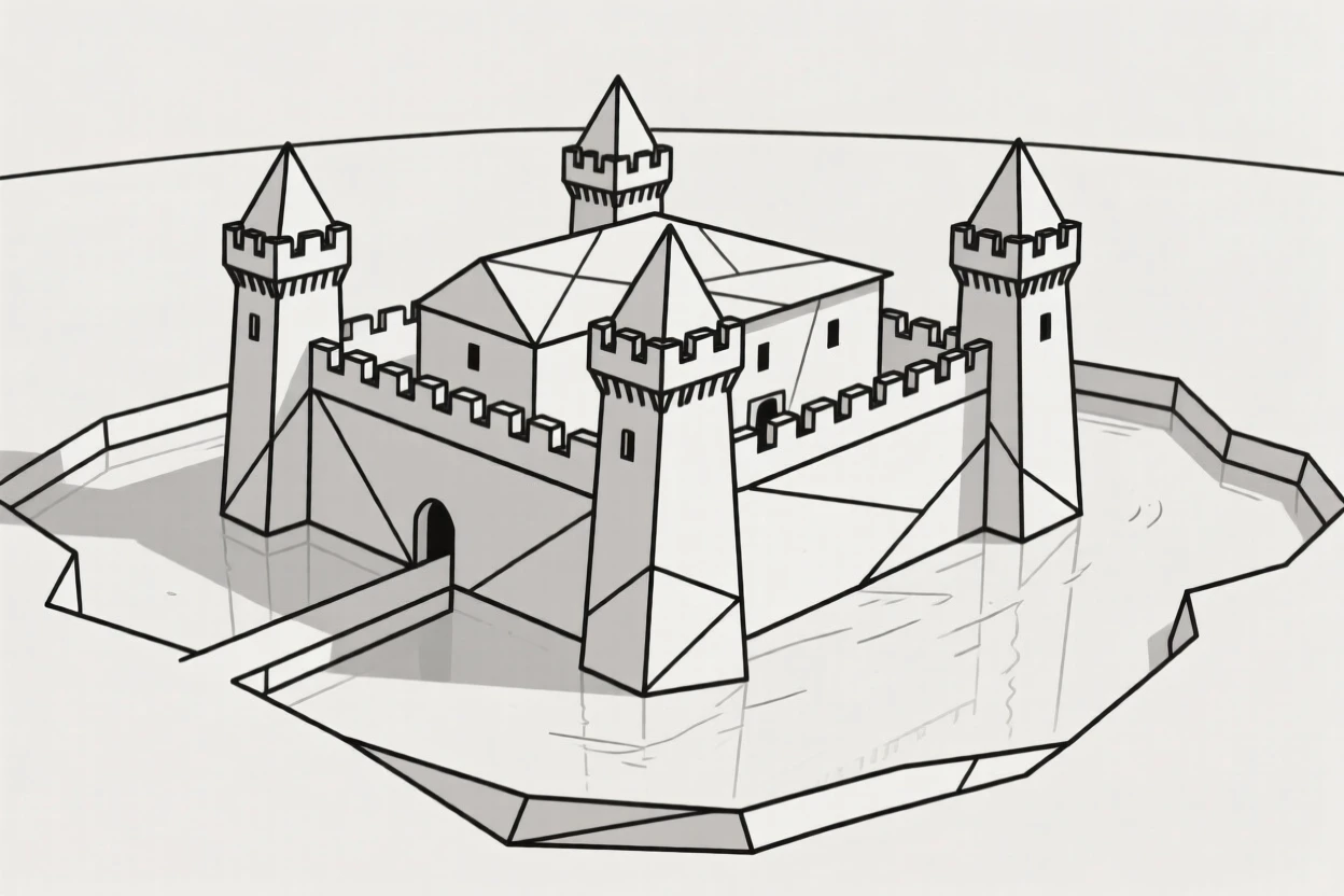 A moated fortress with tall defensive towers
