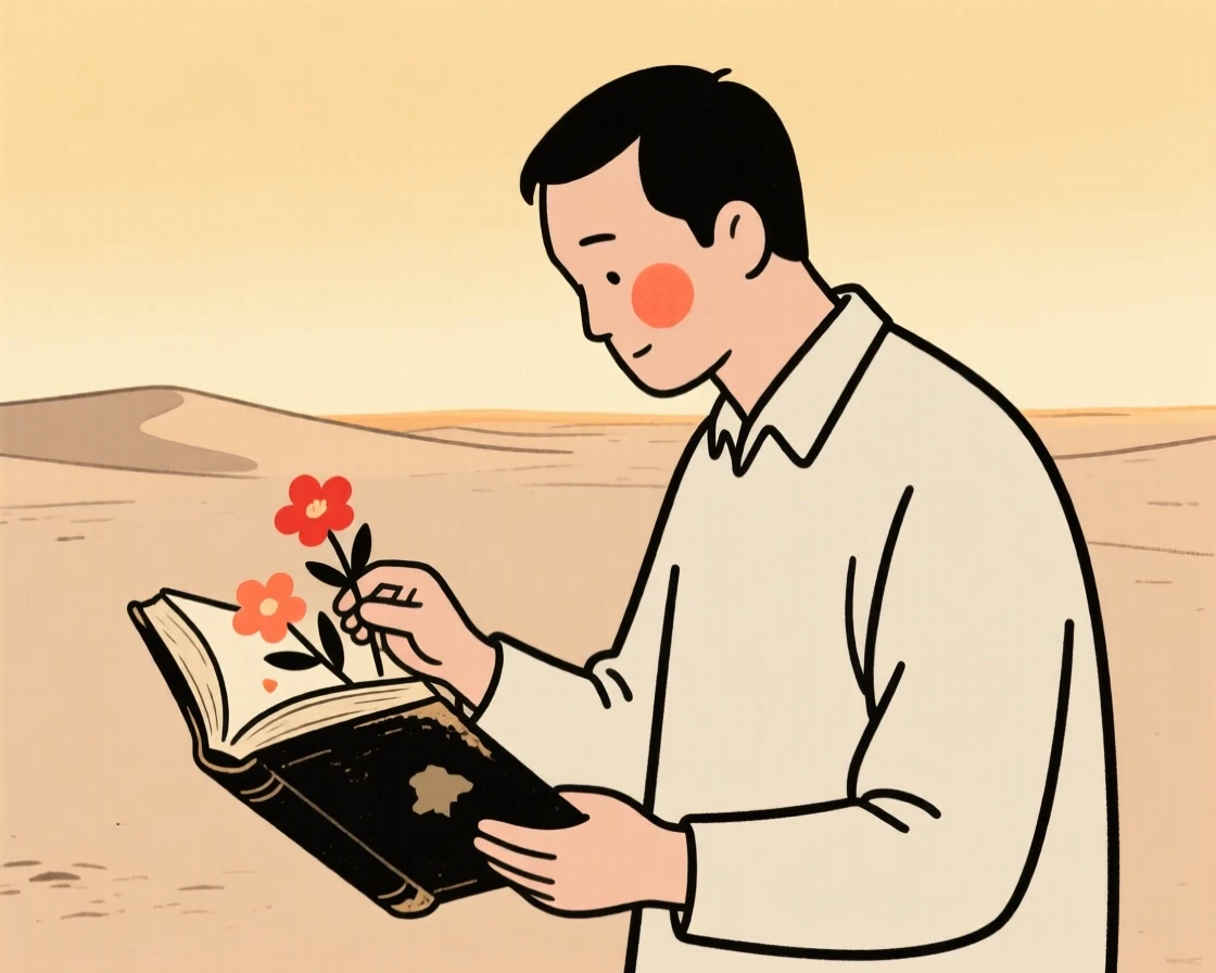A father pressing flowers in an old book, in a desert at golden hour.