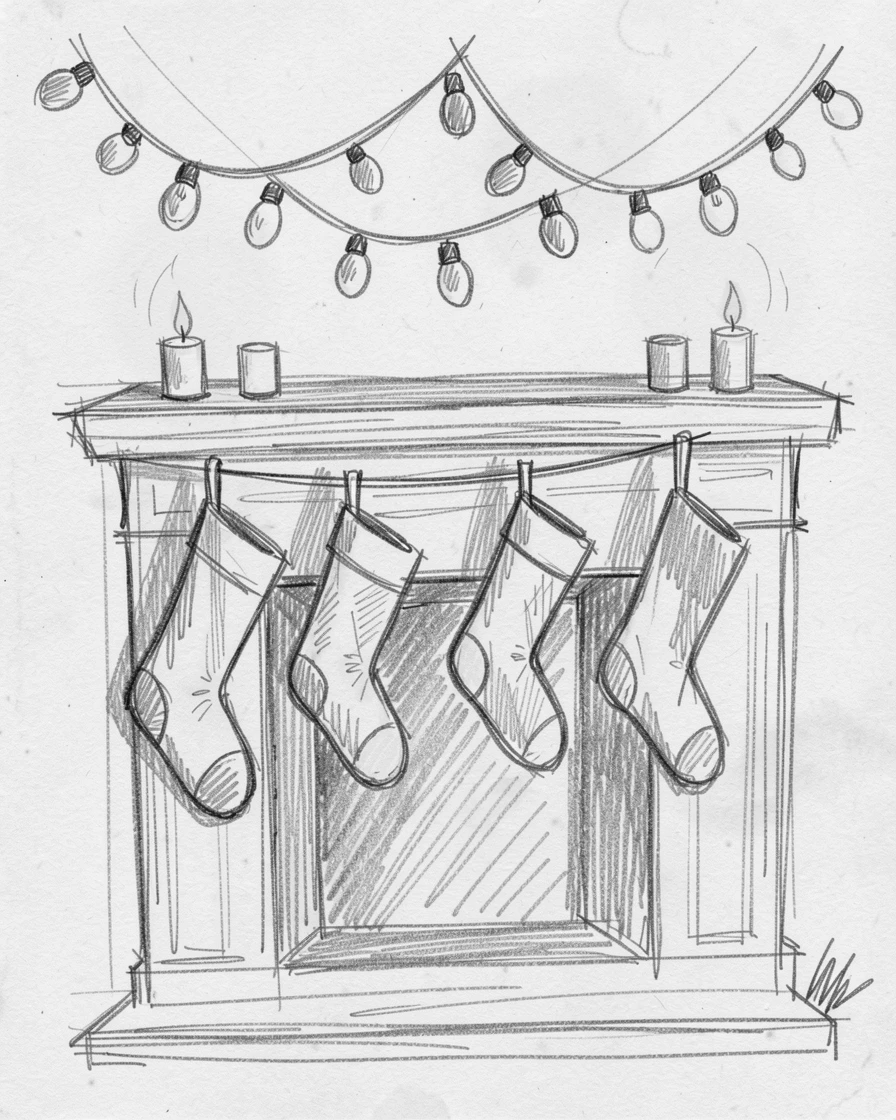 A fireplace stocking display with soft candlelight, beneath strings of festive lights, with warm golden light everywhere.