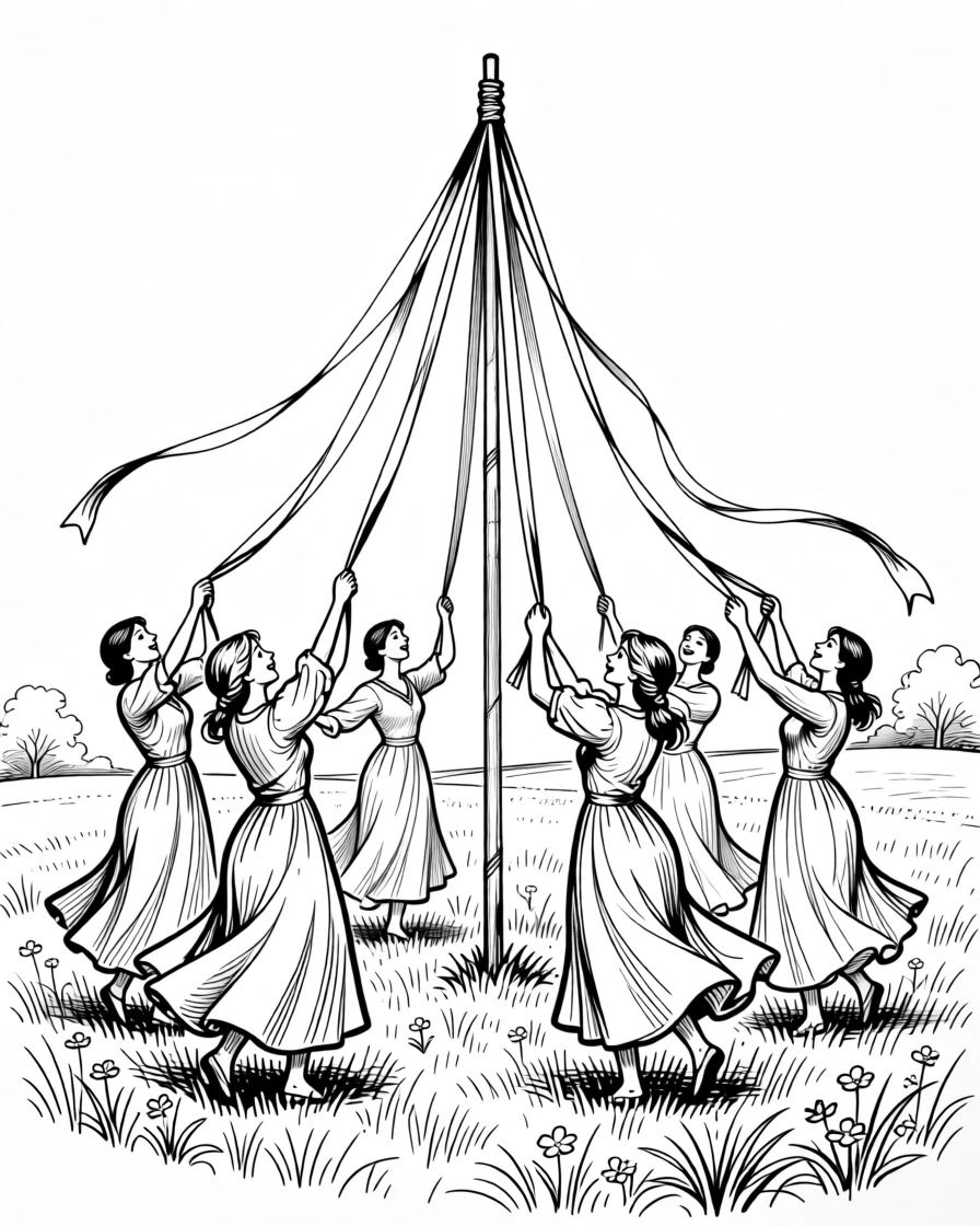 A group of dancers performing a traditional maypole dance in a spring meadow.