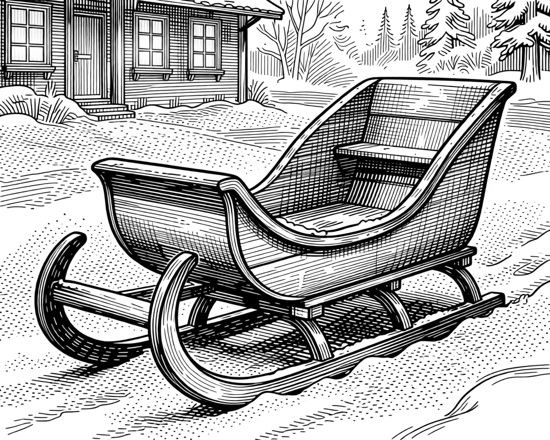 A sleigh resting in freshly fallen snow as morning frost coats the ground, with warm light spilling from every window, capturing a cozy and heartwarming seasonal moment.