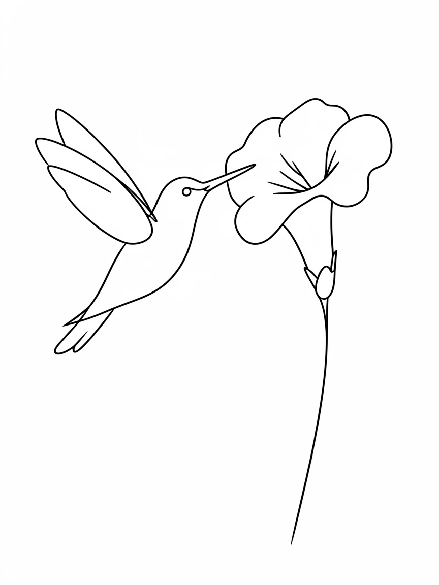 A hummingbird hovering beside a bright trumpet flower