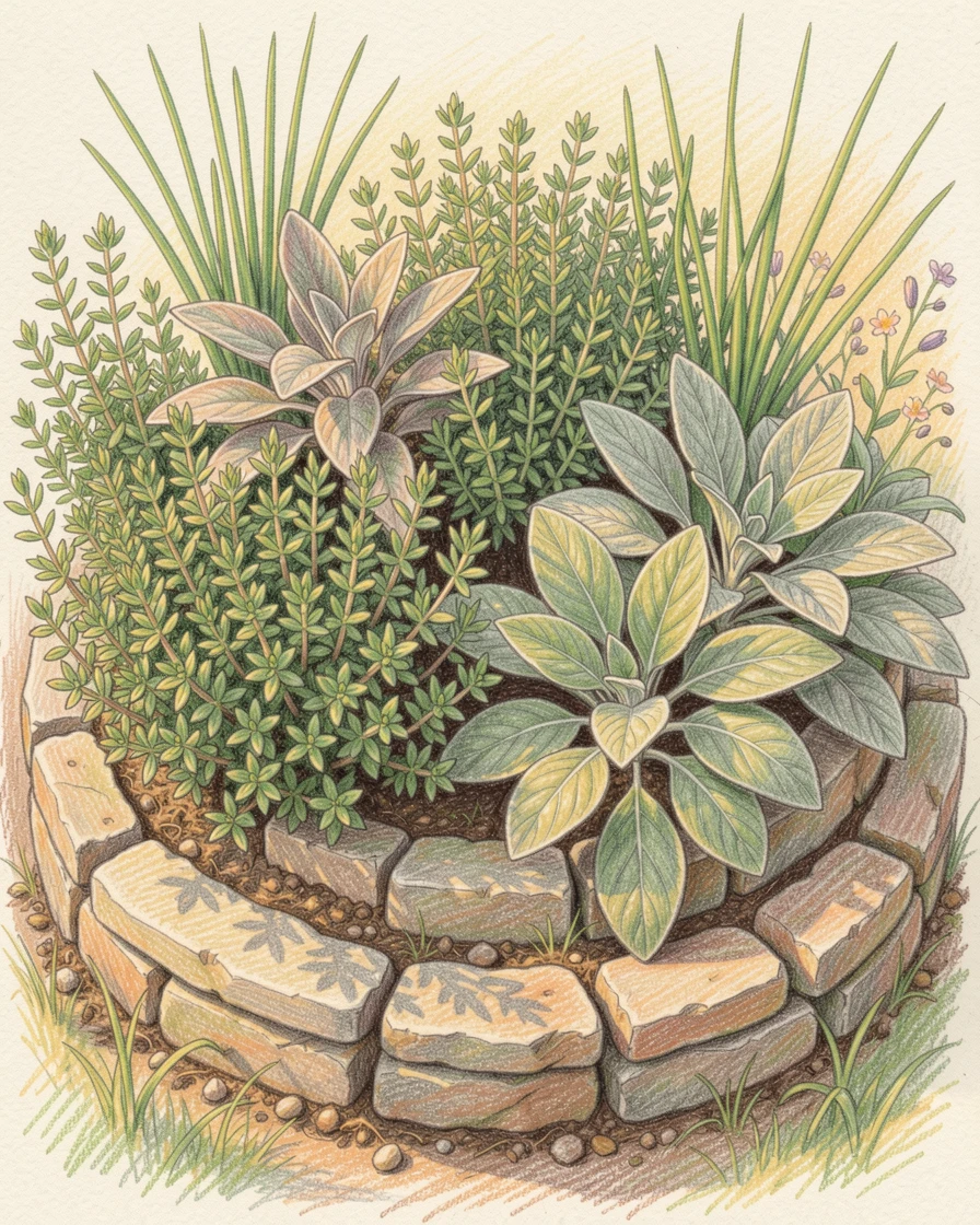 A cottage herb spiral bursting with thyme, sage, and chives, bathed in the warm glow of golden-hour light, capturing a quiet story that lingers with the viewer.