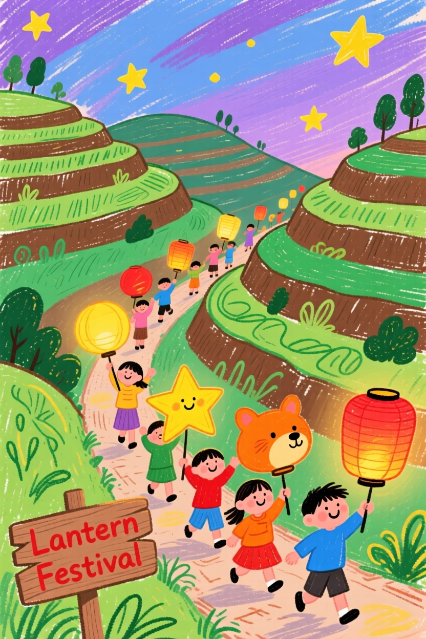 A lantern festival procession set against a backdrop of terraced hills.