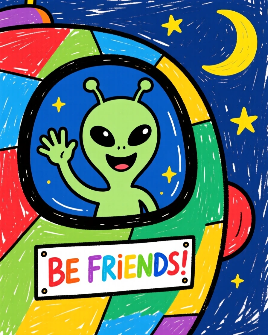 A friendly alien waving from a colorful spaceship window.