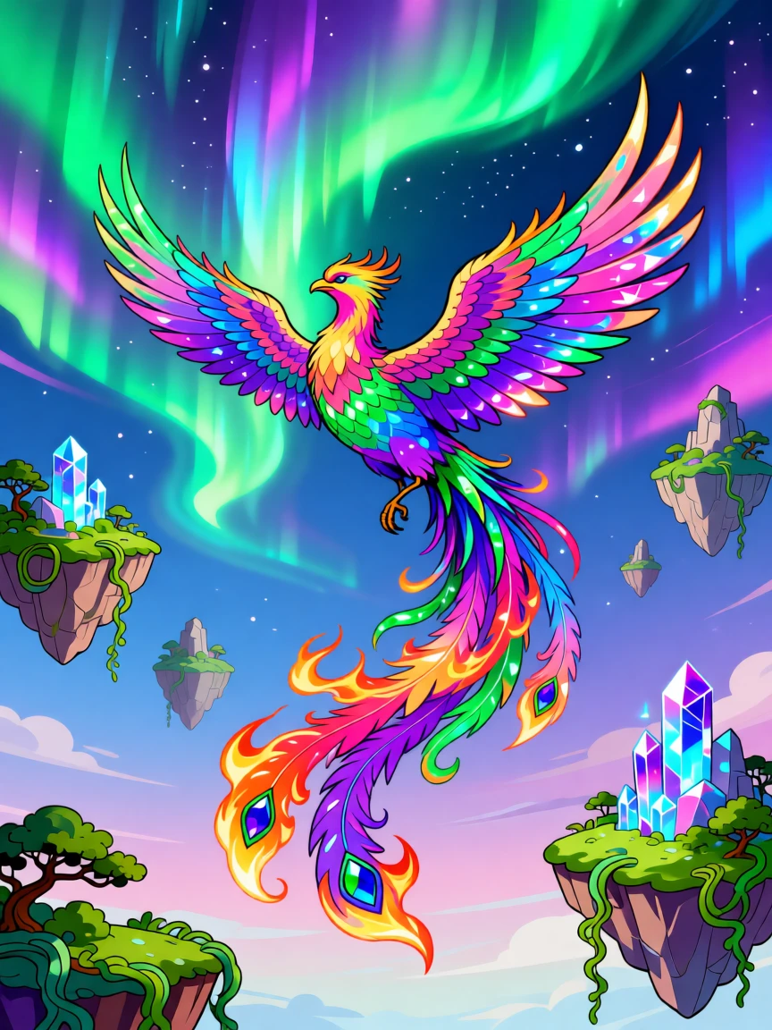 A celestial phoenix soaring through a sky painted with aurora colors, set within a dreamlike sky filled with floating islands, framed with a grand, sweeping sense of wonder and scale, with rich jewel tones that evoke wonder and imagination.