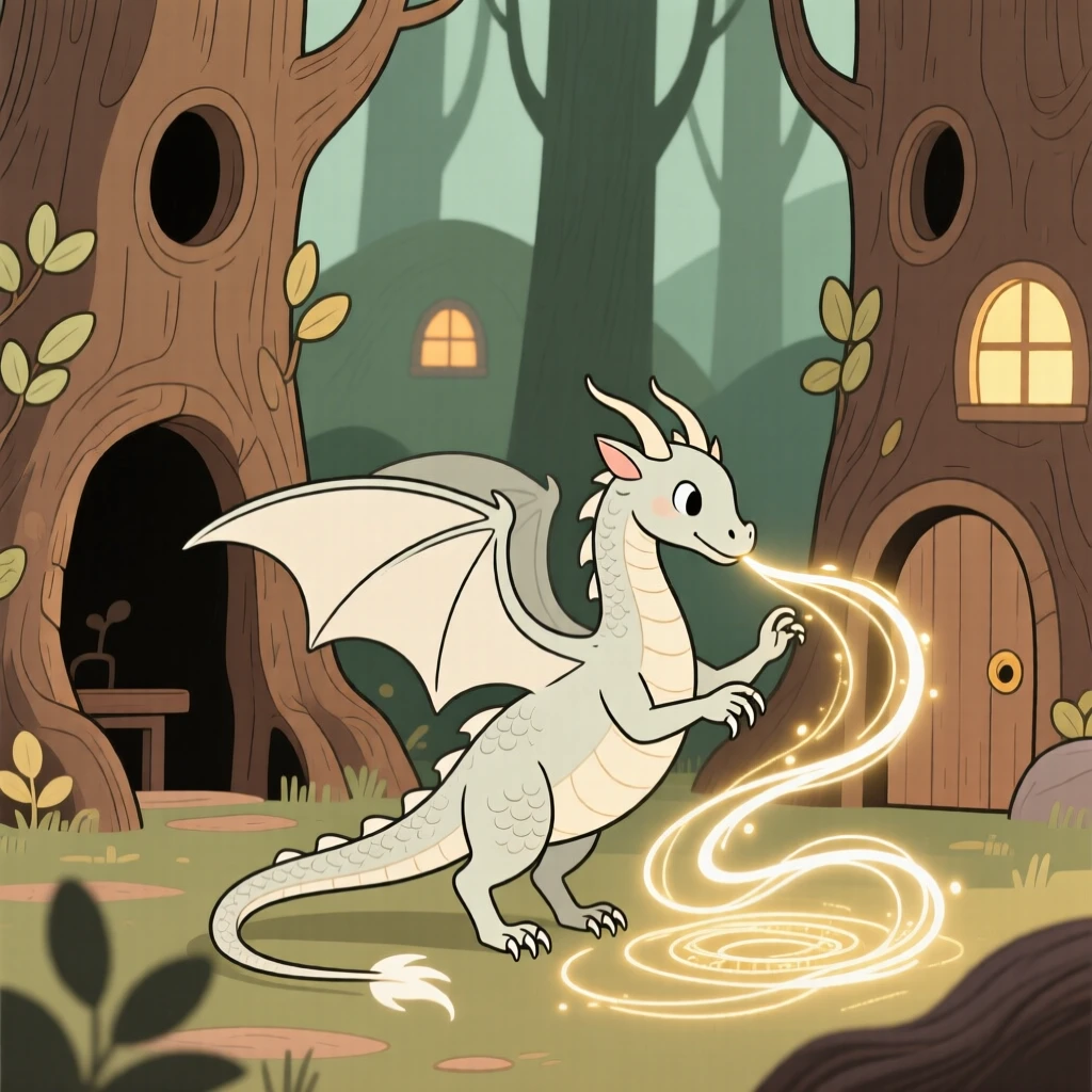 A young dragon weaving spells of light near a hollow tree village.