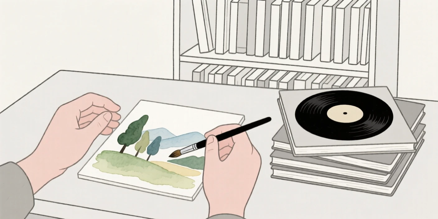 A close view of hands painting a watercolor landscape near stacks of vinyl records in a small home library, full of quiet satisfaction.