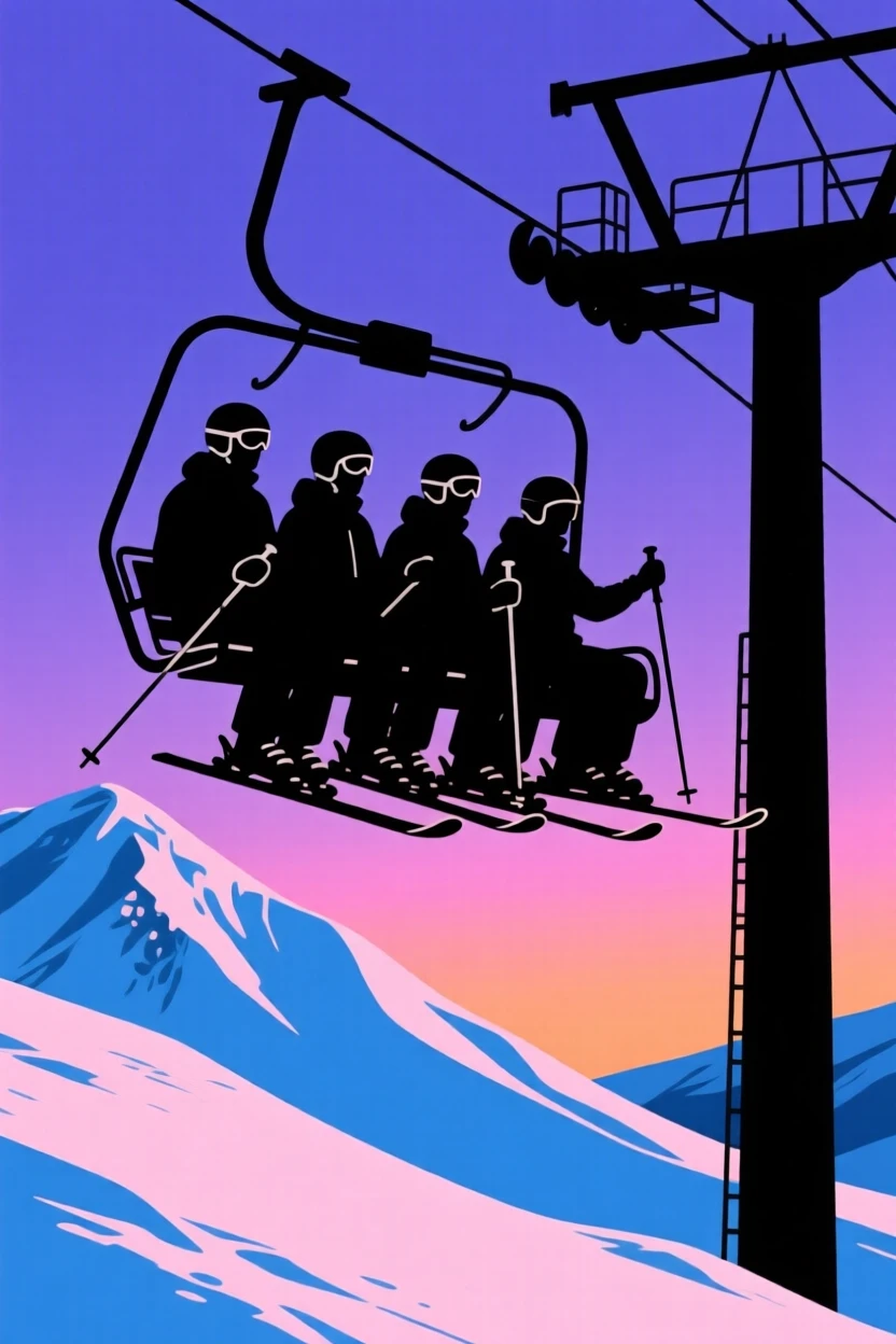A group of skiers riding a chairlift up a snow-covered mountain.