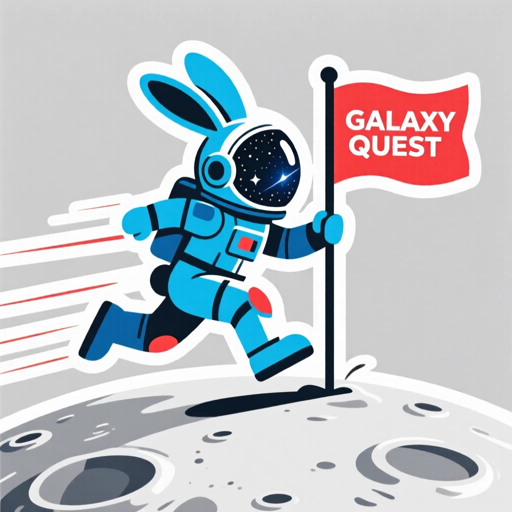 A brightly stylized galaxy-hopping astronaut bunny planting a flag on the moon, with motion lines emphasizing speed and power, during a thrilling made-up quest.