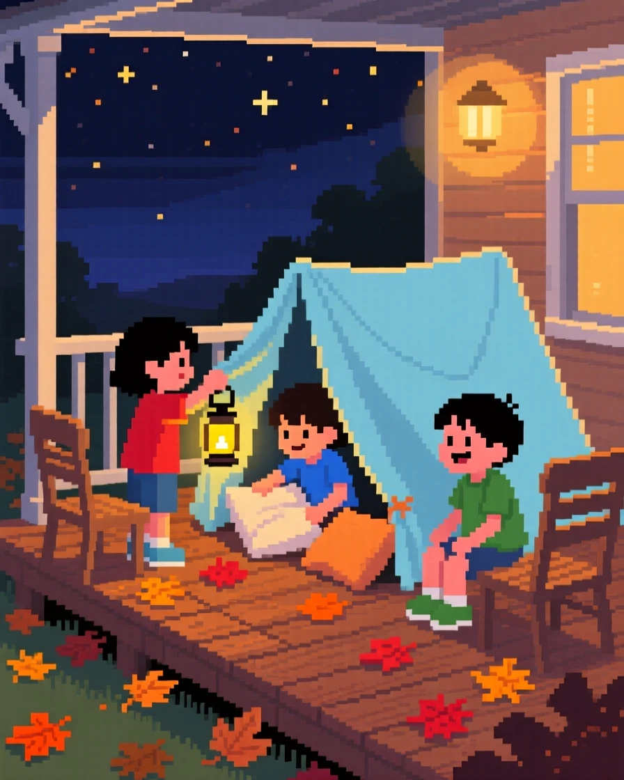 A group of children building a blanket fort surrounded by fallen leaves on a quiet street, on a porch during a warm summer night.