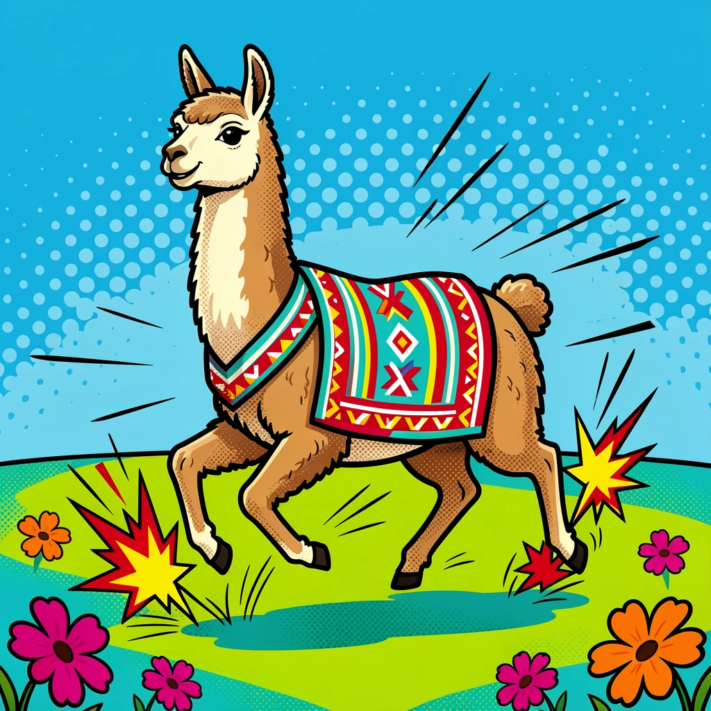 A llama wearing a wool blanket bounding playfully across an open field