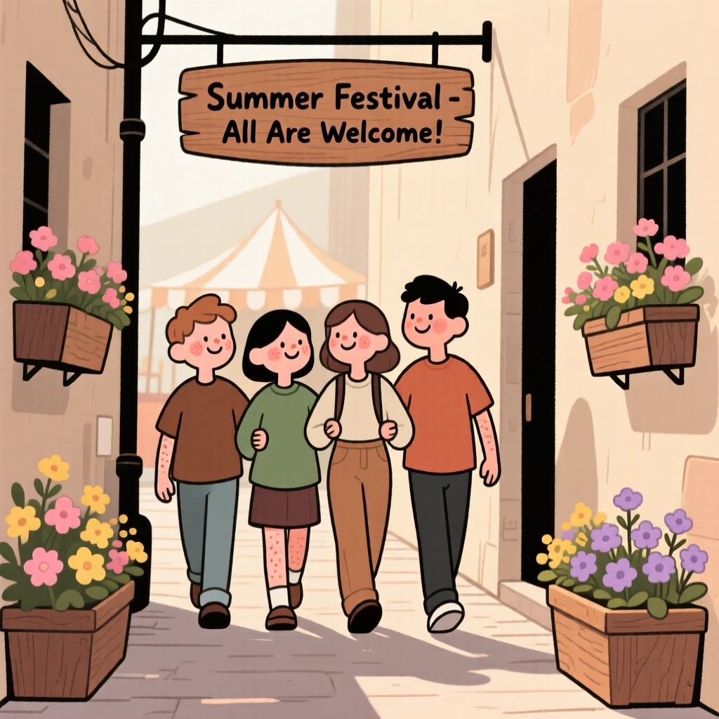 A group of friends link arms and walk down a narrow alley lined with blooming flower boxes, heading toward a summer festival.