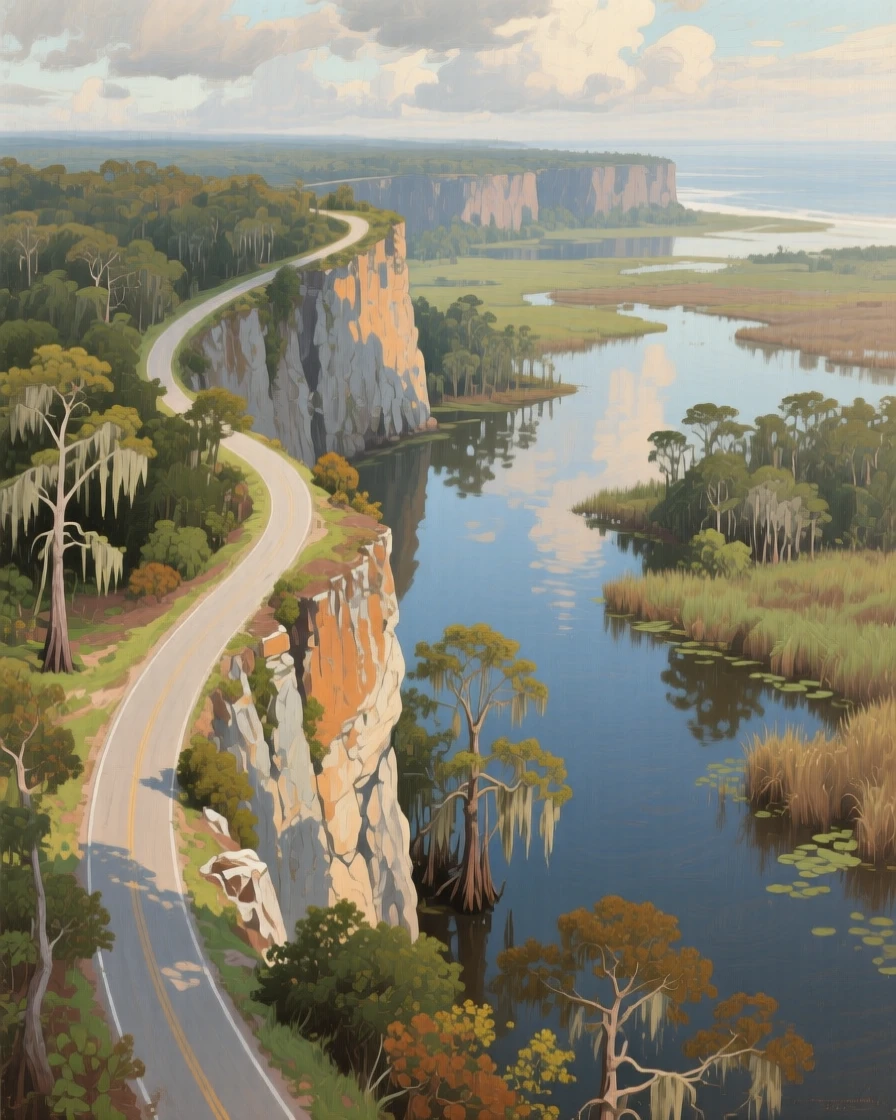 A bird's-eye view of a scenic overlook where a winding coastal road hugs steep cliffs, in the Louisiana bayou, beneath drifting clouds.