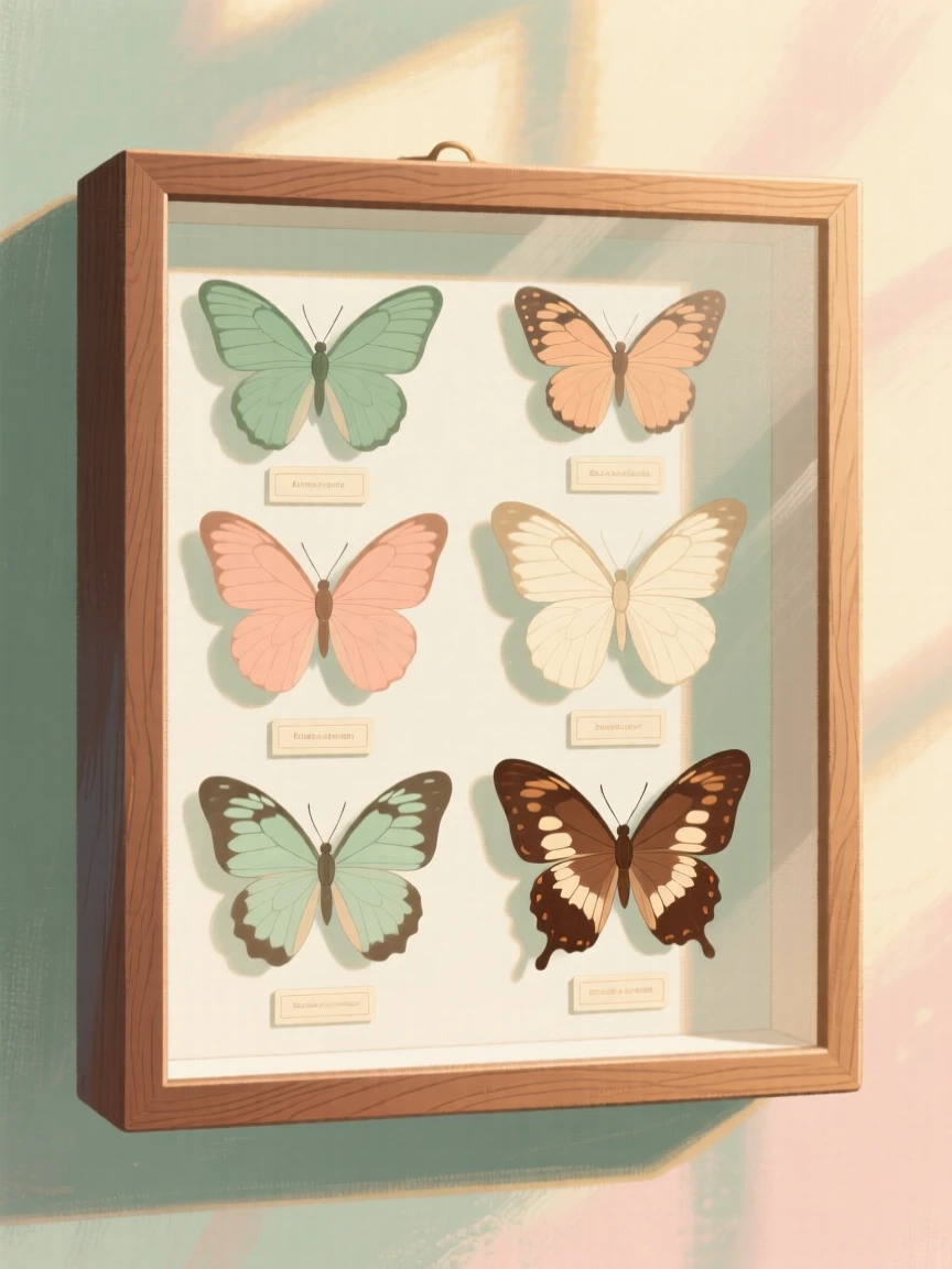 A display of butterflies pinned and labeled in a wooden case