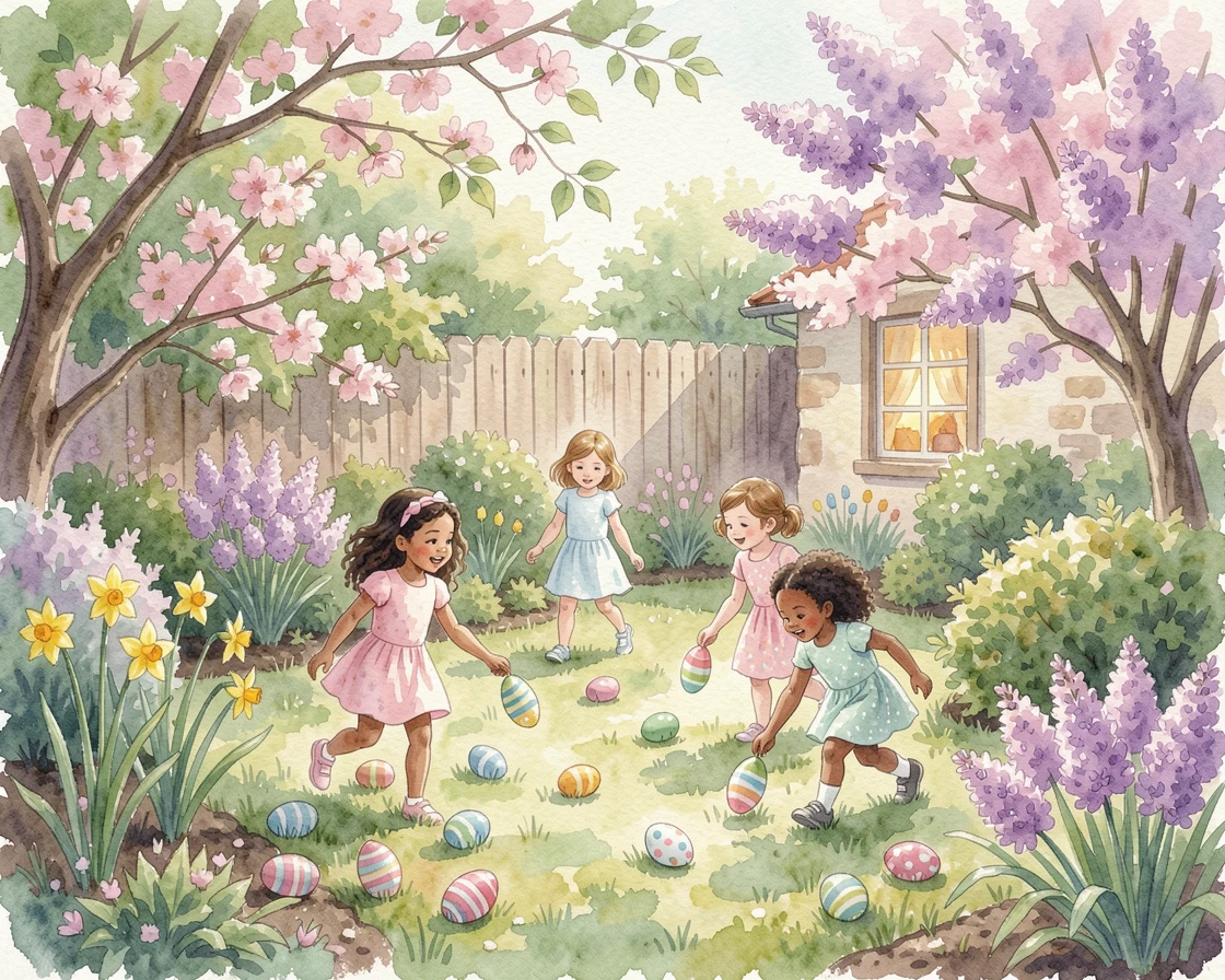 A Easter egg hunt in a blooming backyard garden.