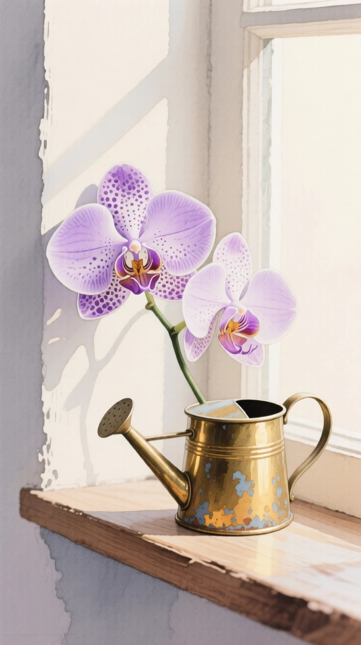 A delicate orchid with spotted purple petals rests on a windowsill beside a small brass watering can