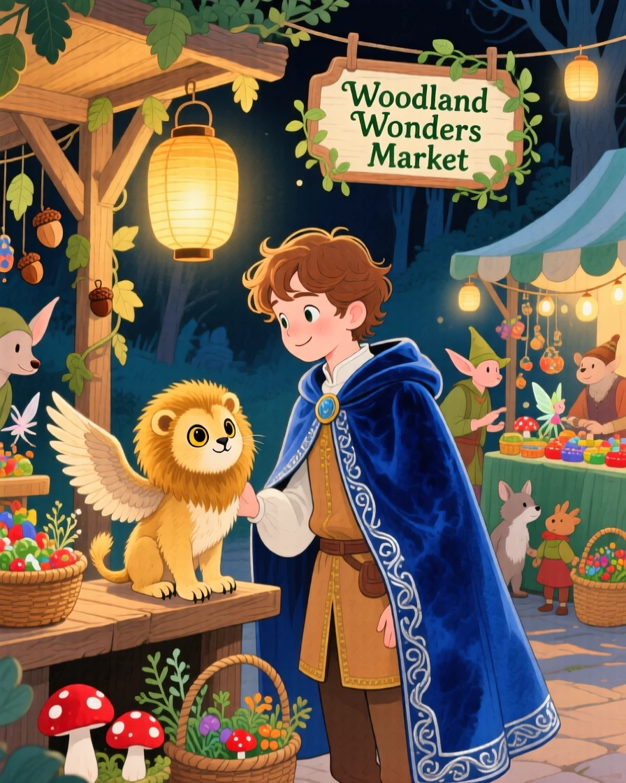 A young prince in a velvet cloak meeting a shy baby griffin in a lantern-lit night market for woodland folk.