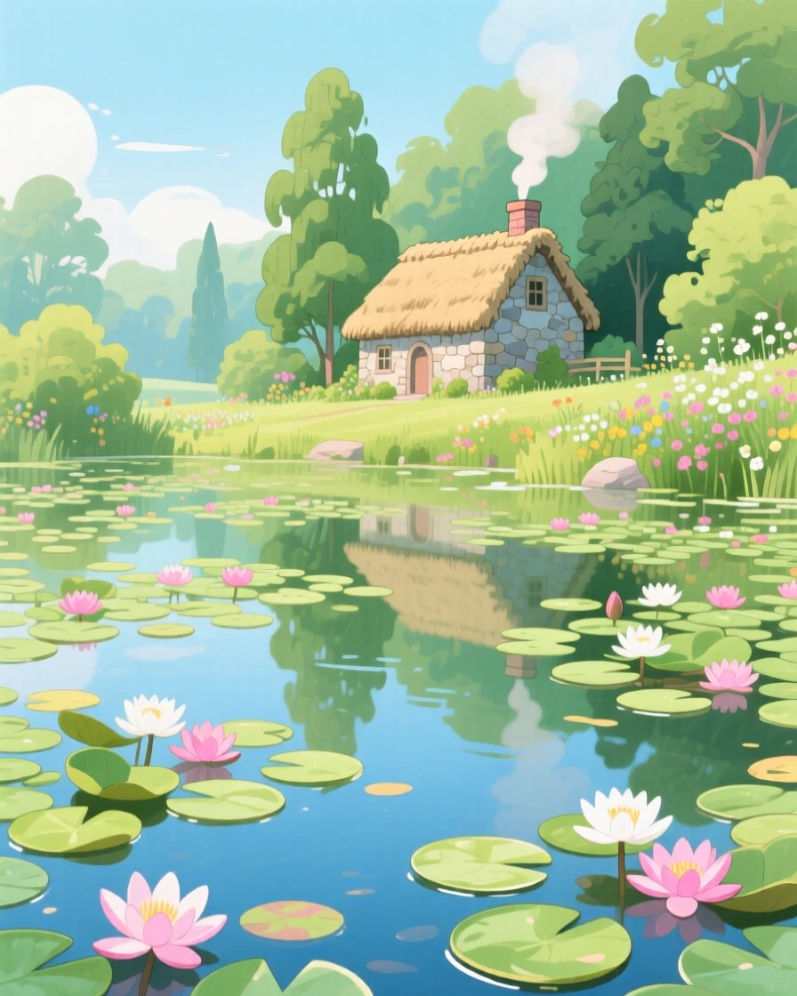 A quiet pond covered in blooming lily pads, with a small stone cottage nestled in the distance, capturing the breathtaking beauty of untouched nature.