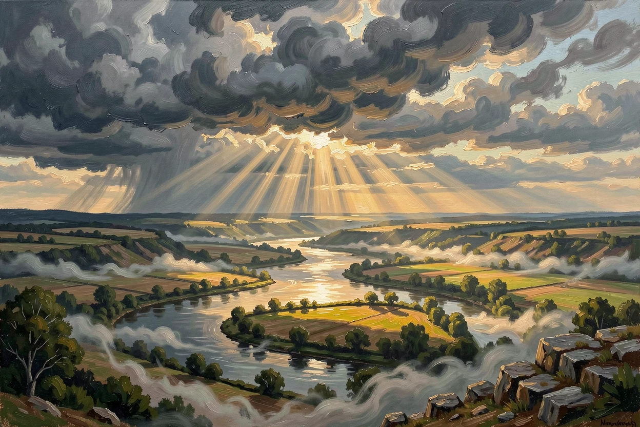Over a wide, winding river valley, sunbeams breaking dramatically through parting clouds, mist curling low across the ground, as a storm builds through the late afternoon.