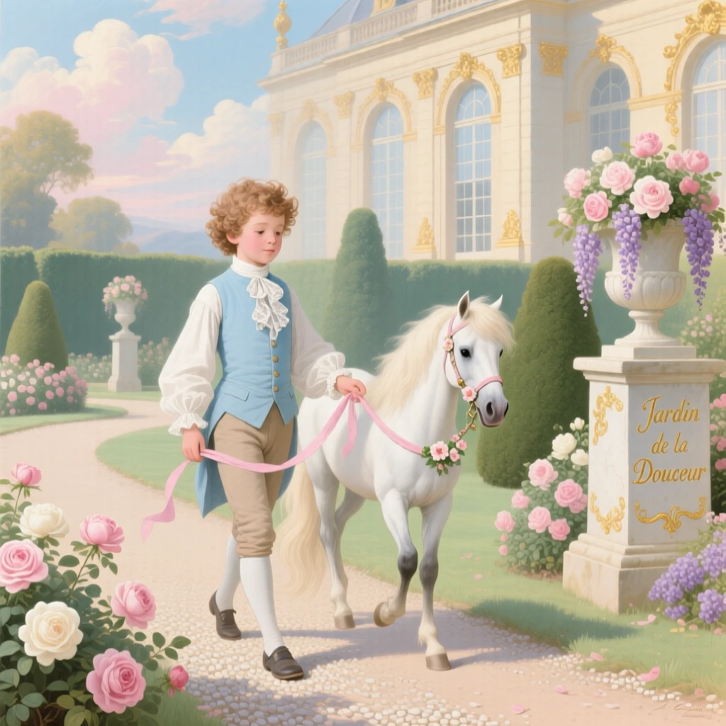 A young boy leading a tiny pony through a palace garden  