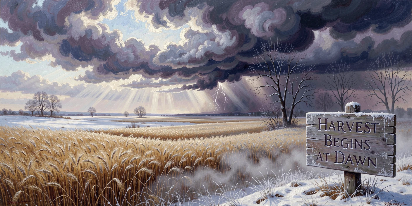 A summer thunderstorm form delicately on a field ready for harvest on a crisp winter morning.