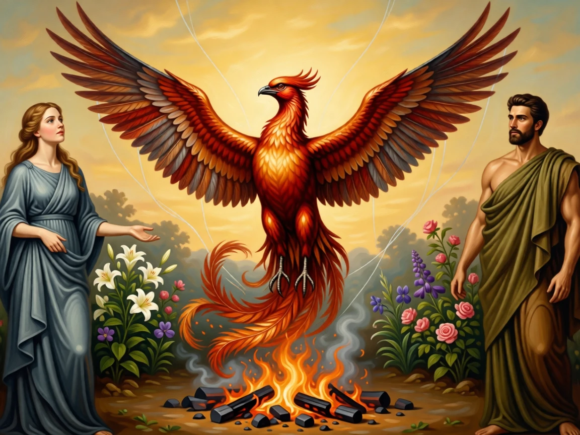 A phoenix rising from smoldering embers toward a golden sky as unseen forces of fate quietly converge, set within a garden where every bloom carries hidden meaning, with allegorical attendants representing virtues gathered nearby; the composition balances opposing symbolic elements on either side of the central figure, suggesting hope, transformation, and the endurance of the human spirit.