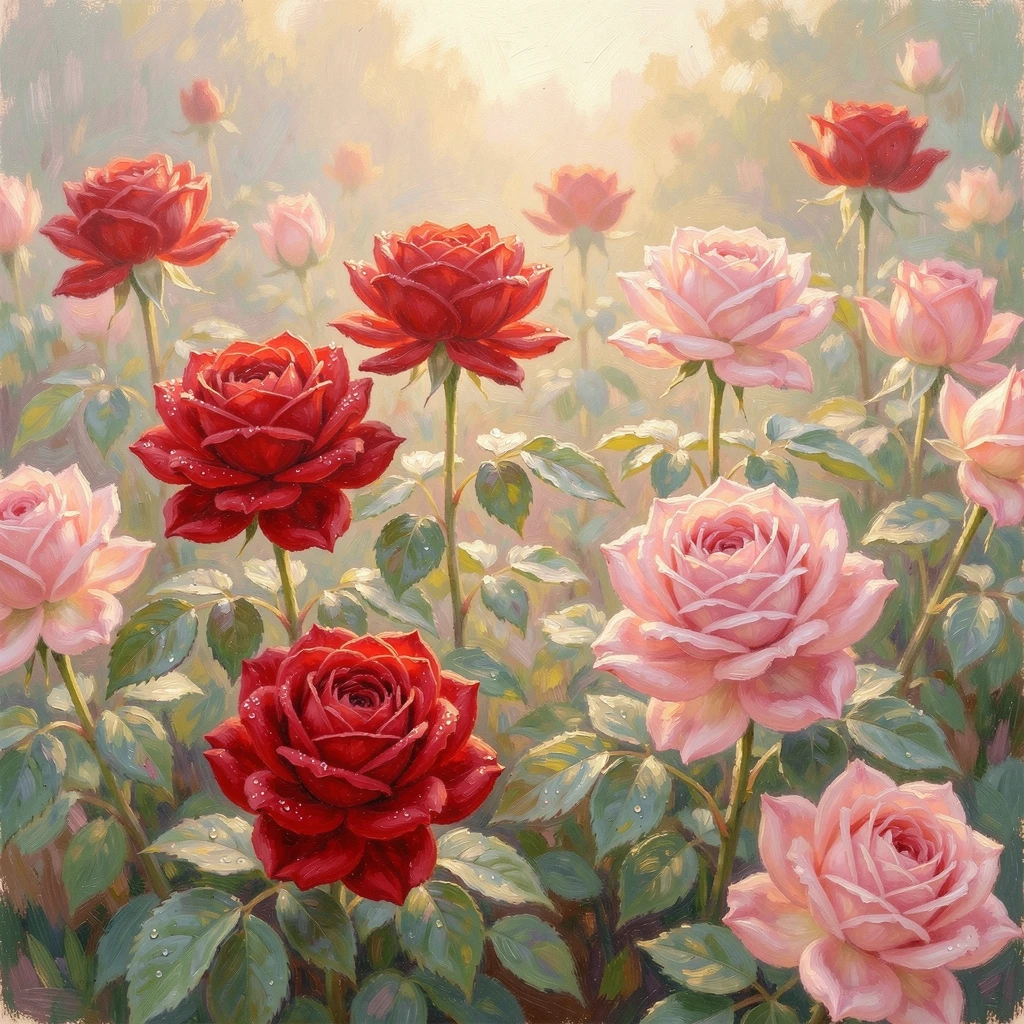 A rose garden in full bloom, dew clinging to velvety red and pink petals in early morning light, evoking a sense of peace and quiet wonder.