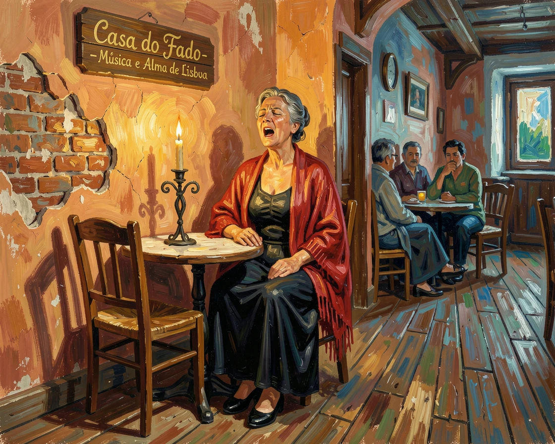 A traditional Portuguese fado singer performing in a candlelit Lisbon tavern.