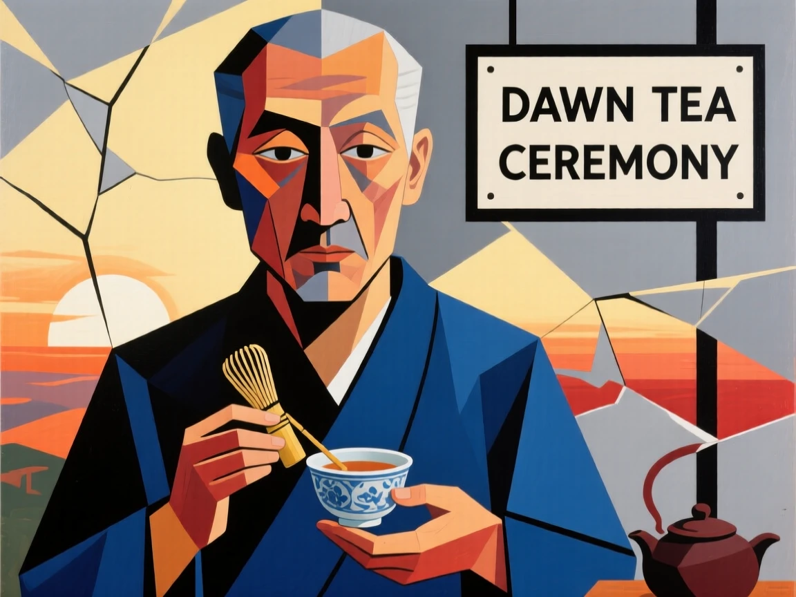 A medium shot portrait of a tea master at dawn before the day's work begins, focused and content in the craft.
