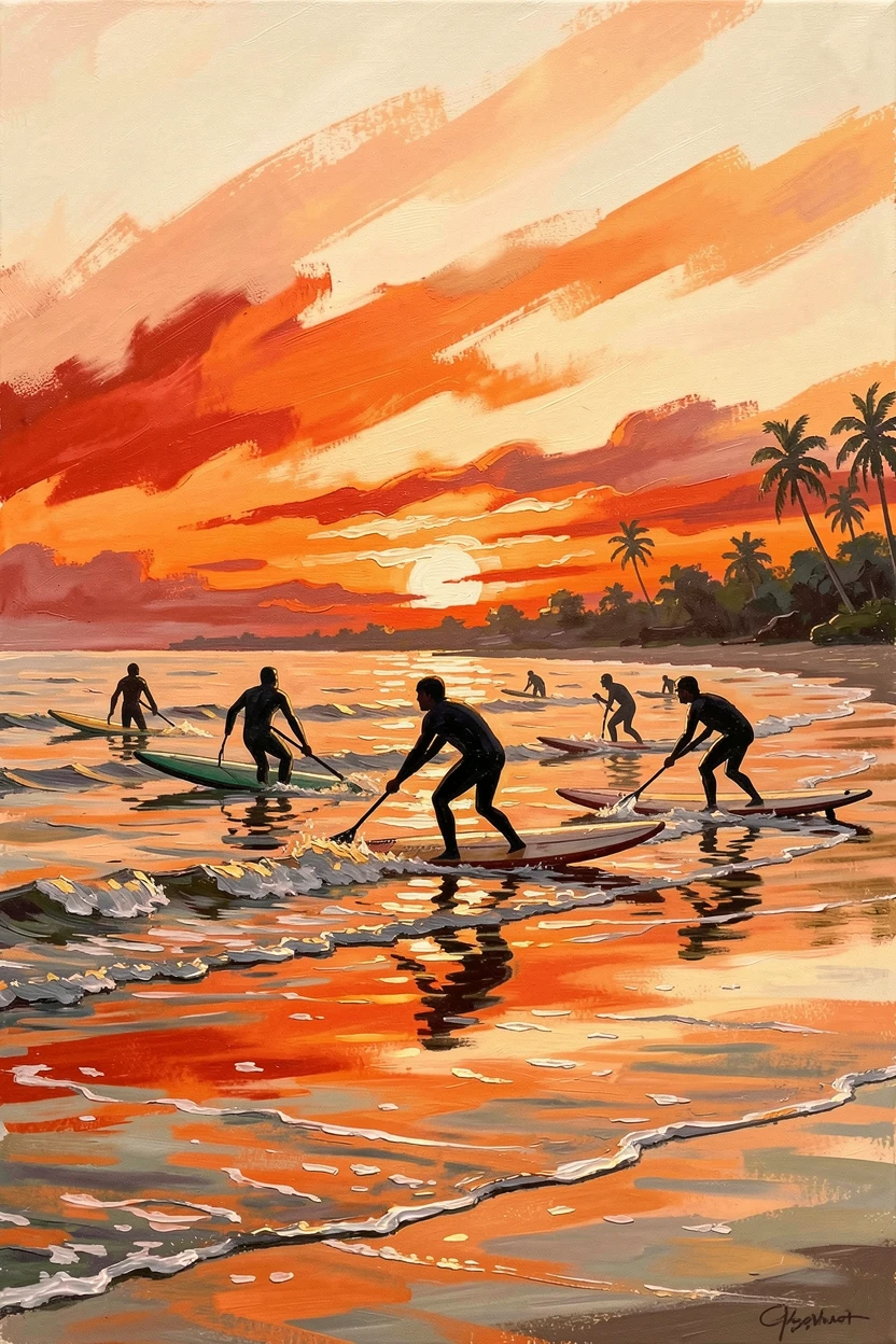 A group of surfers paddles out to catch waves at sunrise on a tropical beach, silhouettes stark against the glowing orange sky, the changing light of the hour adding a sense of urgency and beauty to the scene.