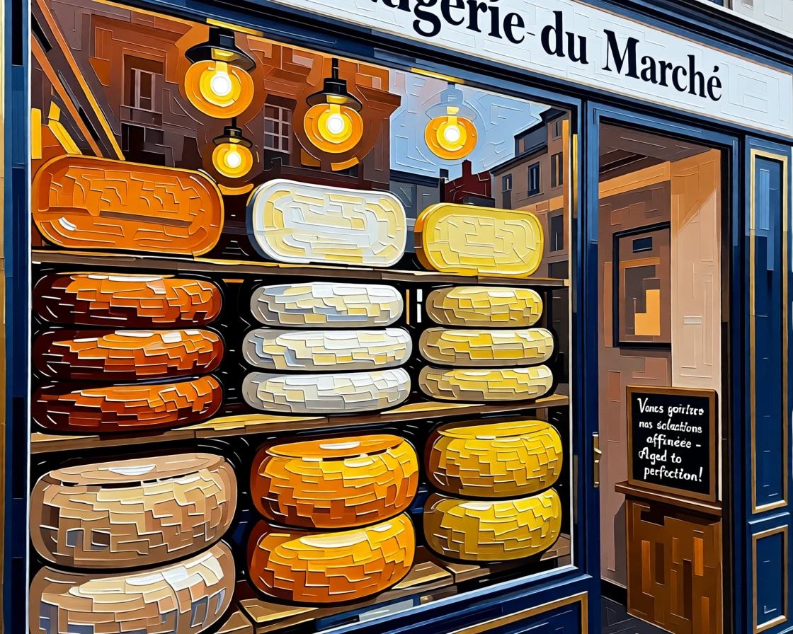A cheese shop window in Paris displaying wheels of aged cheese beneath warm lights
