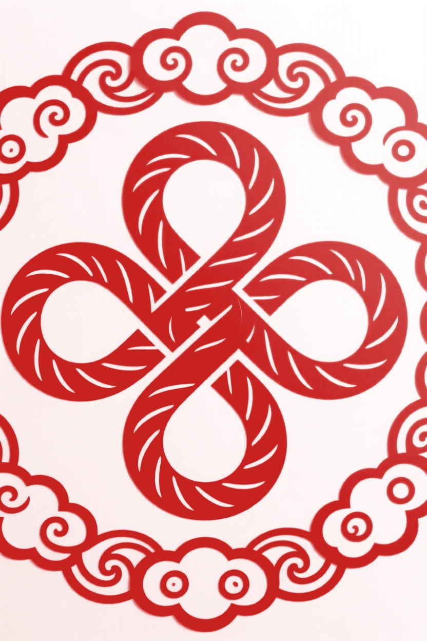 An endless knot of red cord, bordered by a repeating cloud pattern, a wish for prosperity in the year ahead.