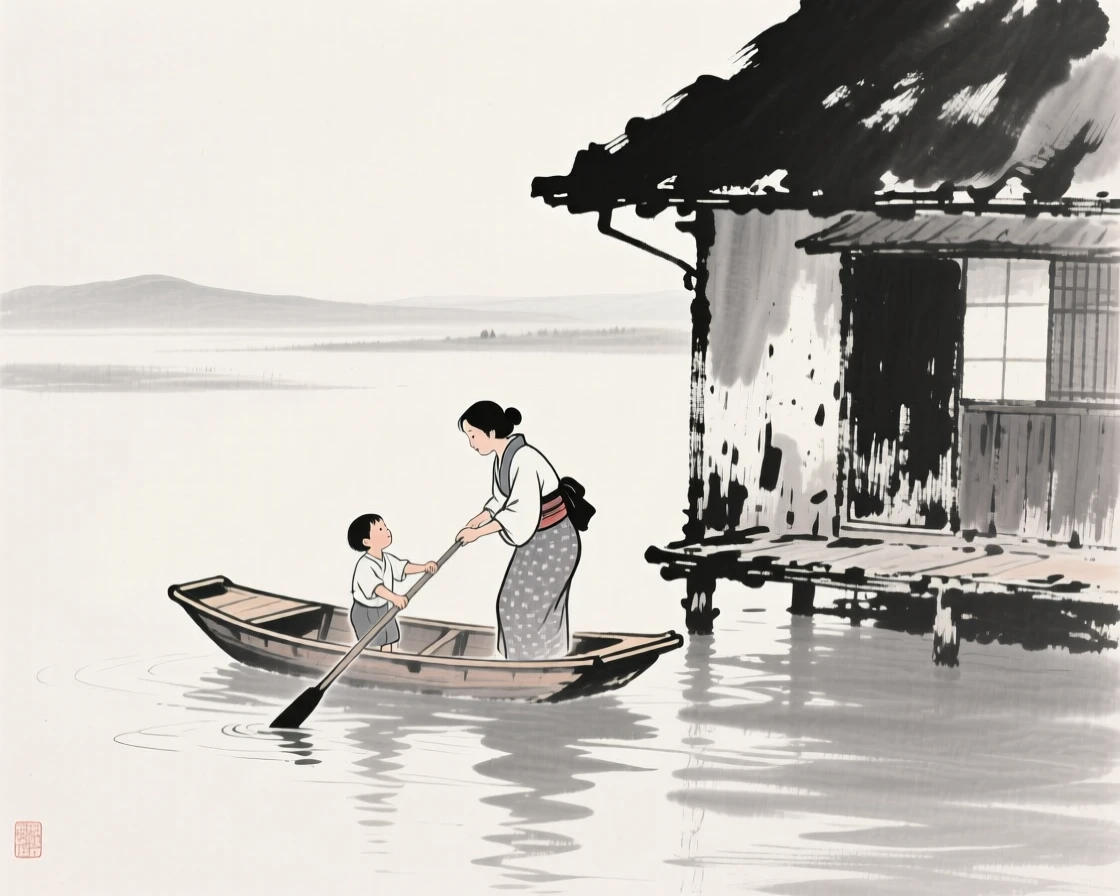 A mother and child poling a small boat across still water beneath the eaves of an old farmhouse, framed small within a vast, quiet landscape, suggesting harmony between people and their surroundings.