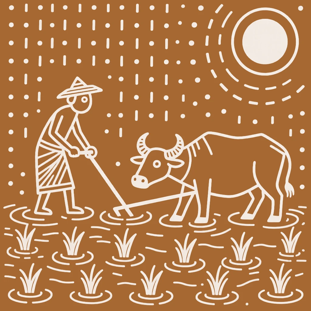 A farmer and his oxen working together in a flooded rice paddy.