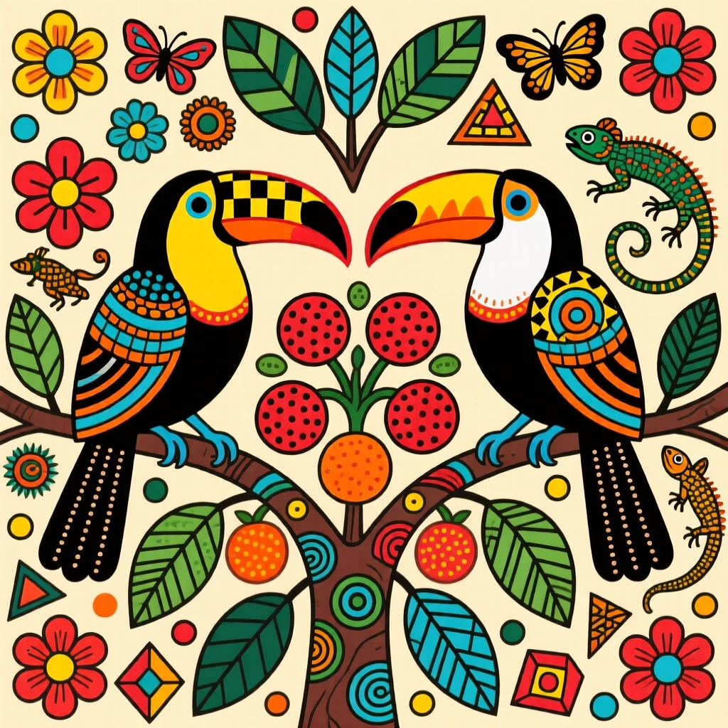 A toucan pair perched together on a fruiting rainforest tree.