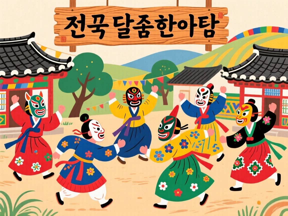 A group performing a traditional mask dance at a village festival.