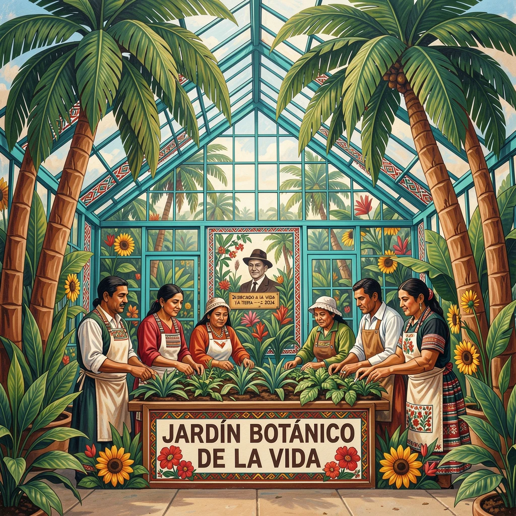A botanical garden greenhouse filled with towering palm trees