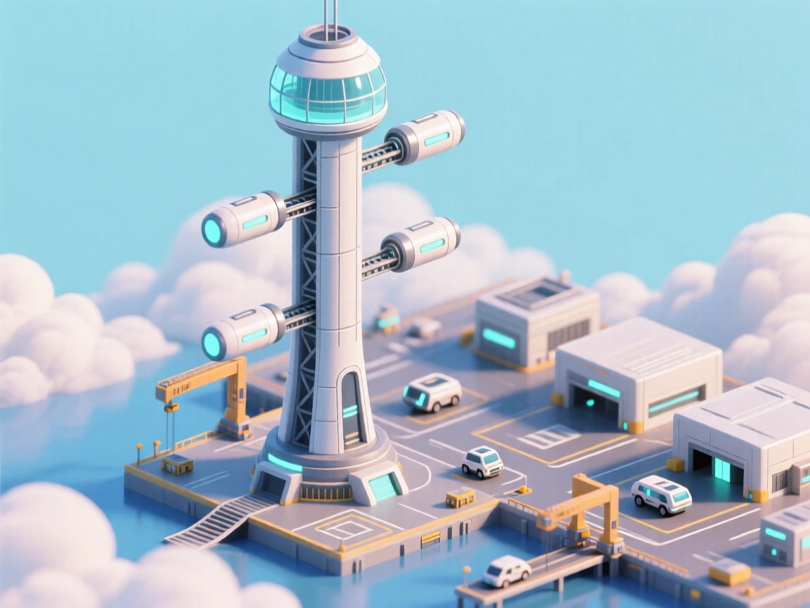 A space elevator stretching from a bustling futuristic port up into the clouds, cargo pods gliding along its length.